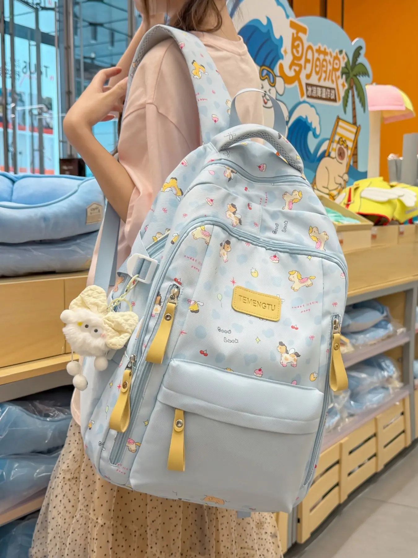 2026 New Macaron Light Color Horse Print Backpack, Waterproof Nylon, Large Capacity, Cute Cartoon Girl School Bag, Multiple Colors Available