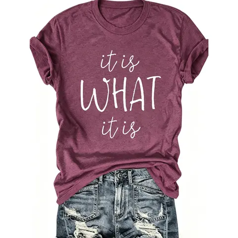 Women's Cotton Blend Sports Top - Short-Sleeve Crew Neck, "It Is What It Is" Graphic Tee, Fit Fabric, All Over Print, Casual Daily Women's Clothes for Party & Festival