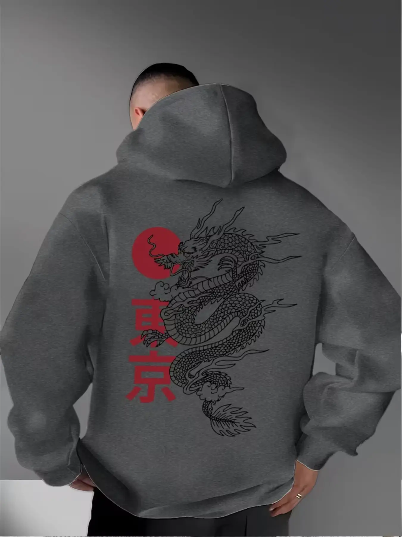 Men's Casual Tokyo Dragon Print Hoodie, Long Sleeve Slim Fit Sweatshirt, Geometric Pattern, Knitted Polyester, All Seasons