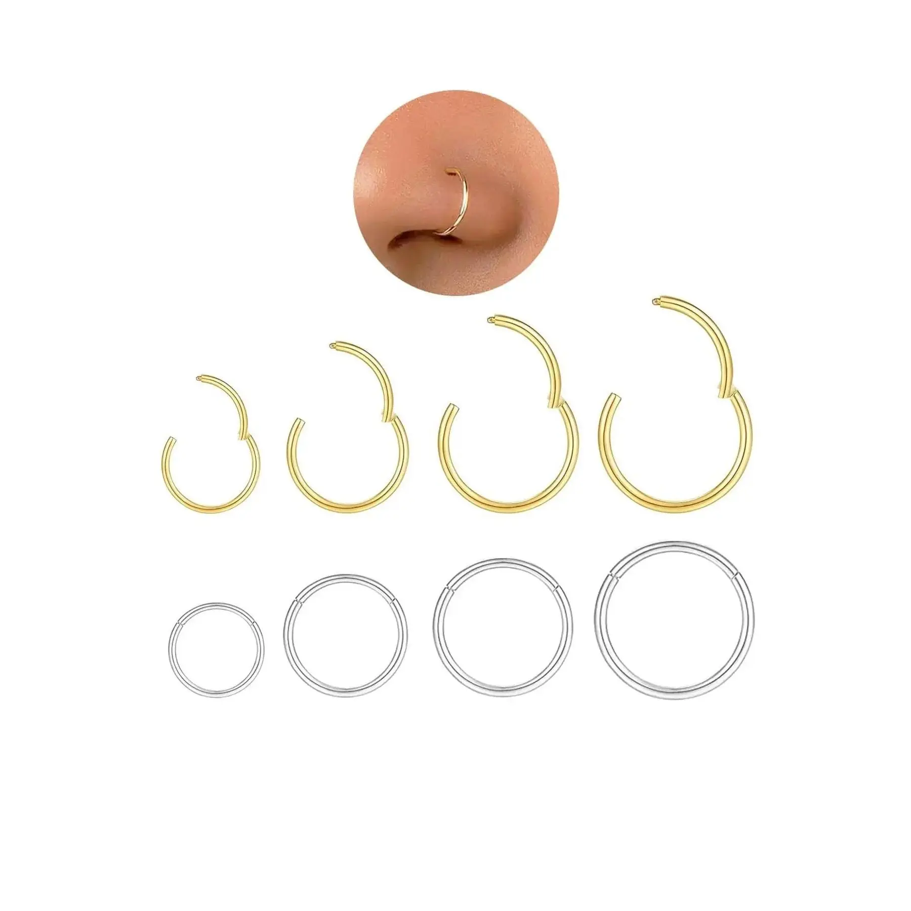 Unisex Hypoallergenic Nose Ring Jewelry Set, 4 Pieces 18g Gold/silver Color 316L Stainless Steel, Hinged Septum Rings for Soft Cartilage Piercing, Nostril Nose Piercing