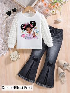 two-piece set girl's cartoon girl print long sleeve tee & denim-effect print flare leg pants set, cute casual round neck plaid striped bubble sleeves top & bell bottom trousers for daily wear, kids clothes for spring & fall