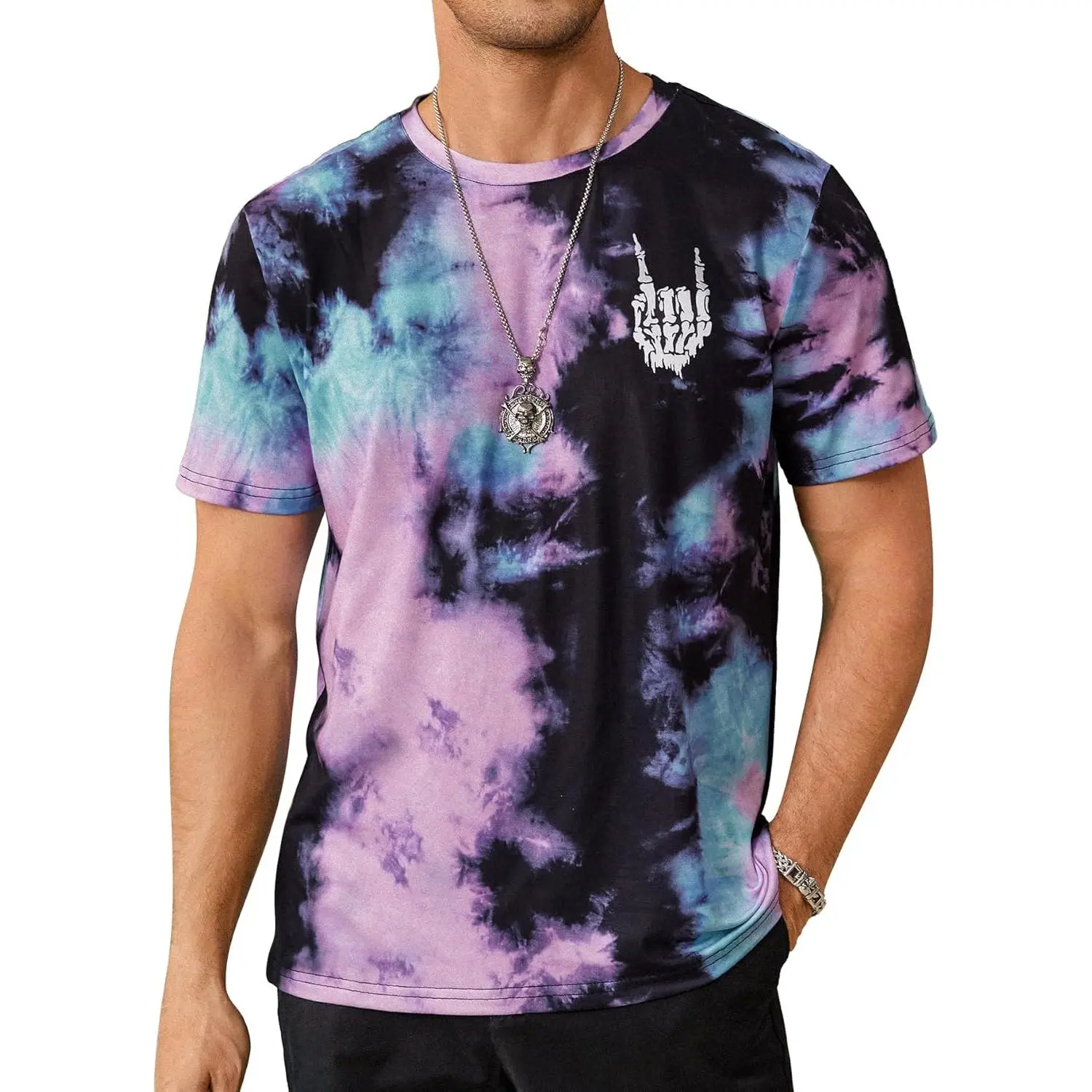Hardaddy Menswear Men's Short-Sleeve Round Neck Tie-Dye Graphic Rock Band T-Shirt, Classic Street Wear Tops, Shortsleeve, Fashion, Halloween, Soft