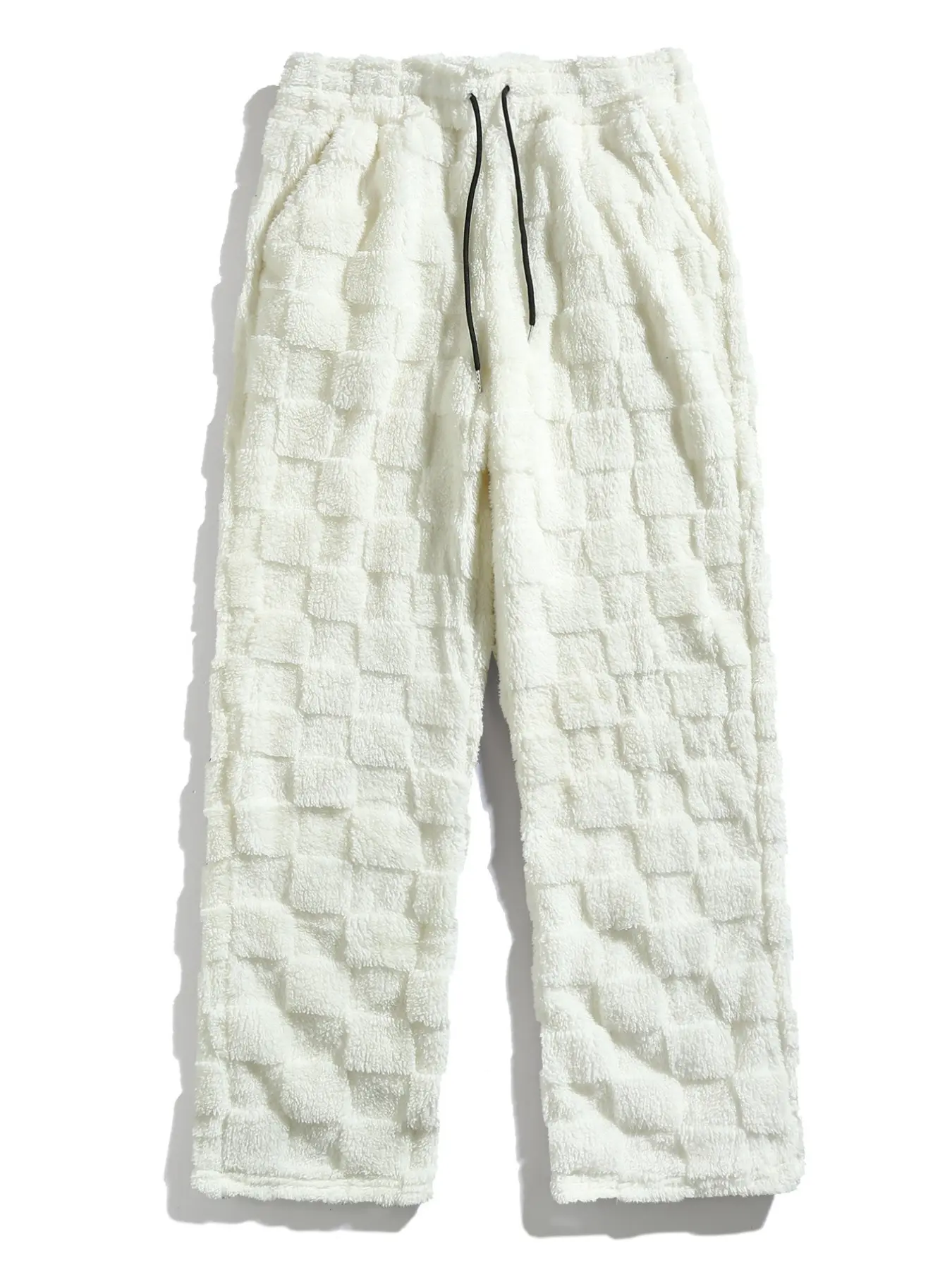 Men's checkered jacquard plush pants - drawstring loose straight-leg loungewear pants - soft and warm comfortable fit - versatile for daily home wear - Fuzzy pajama pants
