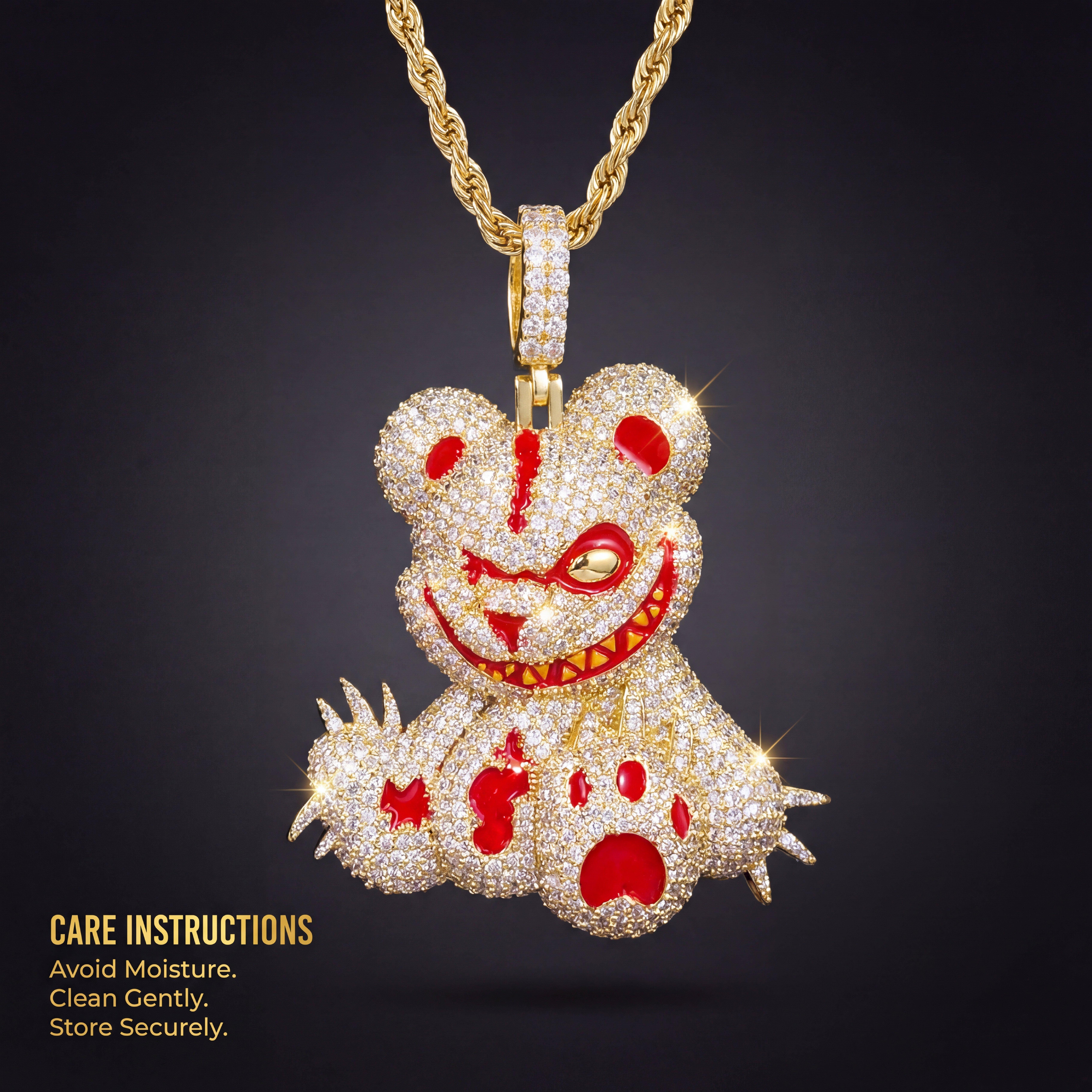 Iced Out Evil Teddy Bear Pendant Necklace, Savage Bloody Bear Mascot CZ Hip Hop Jewelry, Edgy Y2K Street Luxury Drip with Rope Chain