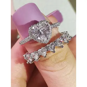 Elegant Heart Shaped Artificial Zircon Ring Set, Wedding Ring Set, Rhinestone Ring Set, Fashion Glittering Engagement Rings for Women, Trendy All-match & Exquisite Jewelry for Birthday Gift, Gifts for Wife, Heart Cluster Ring, Cubic Zirconia Rings
