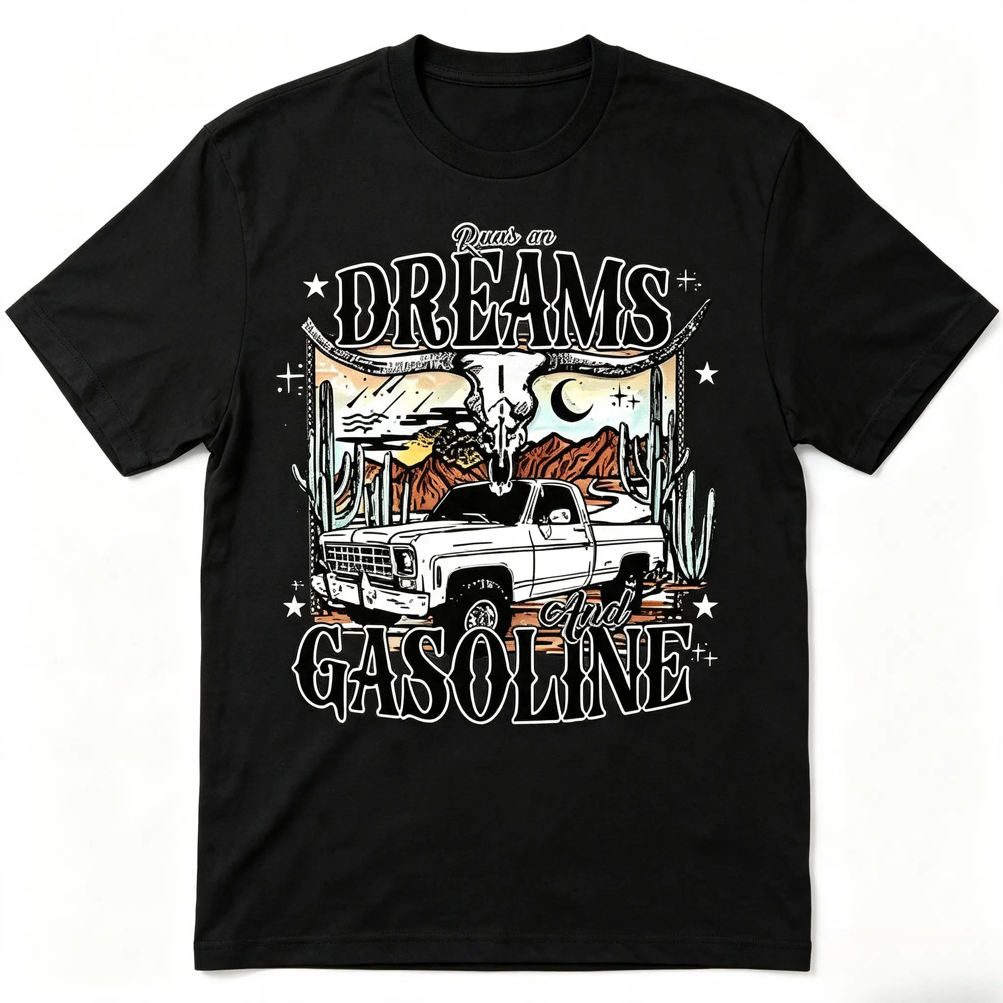 Women's Oversized Western Clothing Cotton T-Shirt - Dreams And Gasoline Graphic, Cowboy Truck Cactus Bull Skull Print, Retro Country Casual Top, Perfect Valentine’s Day Gift for Lovers