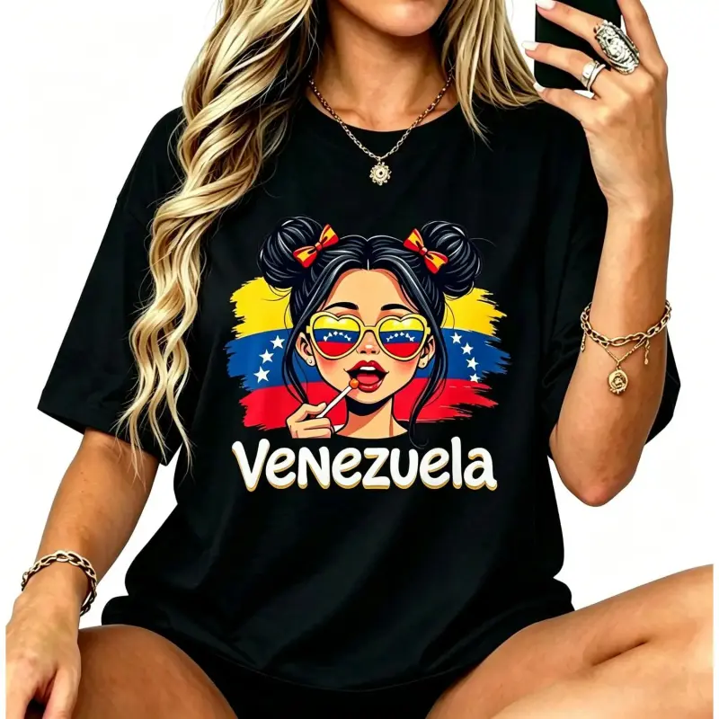 [100% Soft Cotton]Messy Bun Girl Venezuela Pride Latina Venezuelan Women Girls Cotton T-shirt