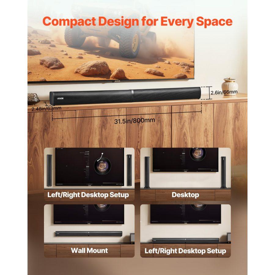 VEVOR Sound Bar for Smart TV, 2.0 Channel, 32-Inch 2 in 1 Detachable Soundbar TV Speakers, with Bluetooth HDMI AUX USB Connection, Remote Control, 80W Surround Sound System, for Home Theater Audio