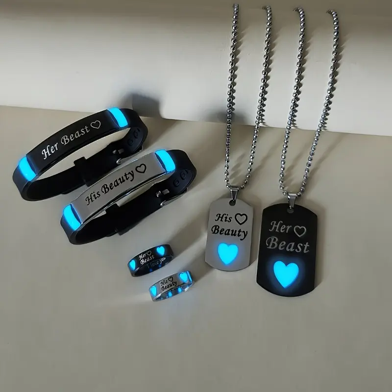 6pcs Glow-in-the-Dark Heart Accessories Set: Her Beast, His Beauty Couple Necklace Bracelet Ring for Women - Stylish Valentine's Day Gift Jewelry