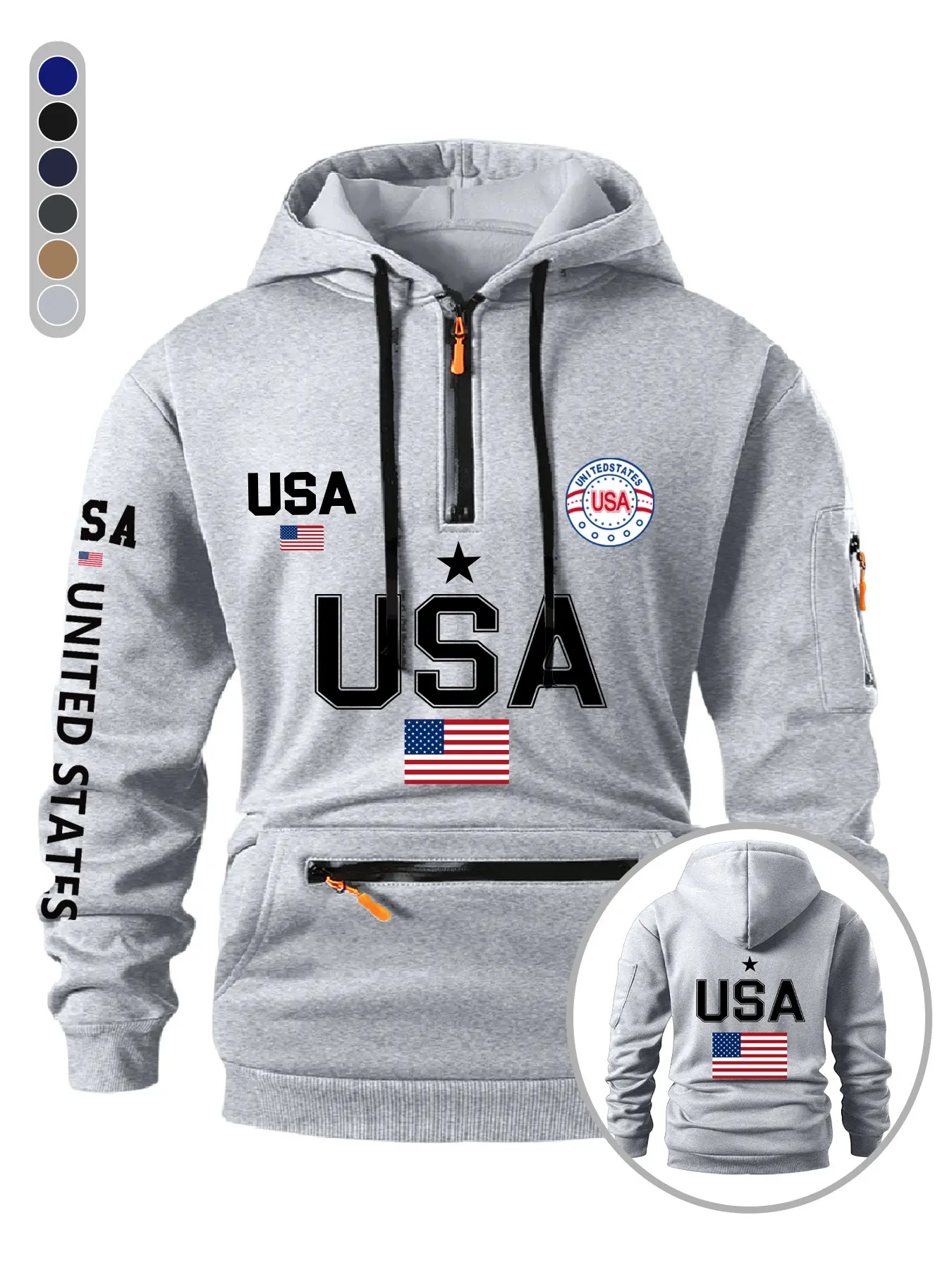Men's Classic Flag Print Pullover Hoodie, Fitted Warm Sweatshirt with Drawstring, Multi-Pocket Design for Fall & Winter Outdoor Wear