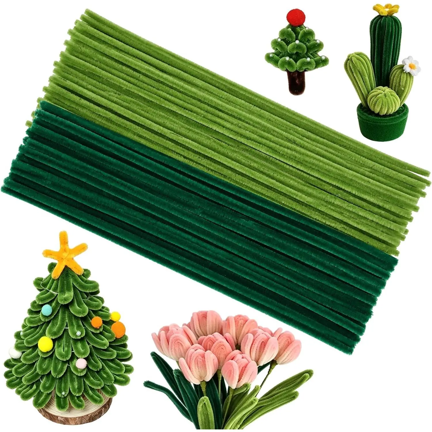 200 count Green Pipe Cleaners, Chenille Stems Fuzzy Sticks, Thick Green Pipe Cleaners Craft Bulk for Making   Arts Craft  DIY Mother's Day Decorations Creative School Projects