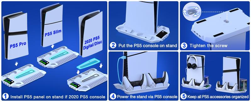 ESYWEN PS5 Pro/Slim Stand & Cooling Station with Controller Charging for PlayStation 5 Disc Digital Console, 3 Levels Fan, 13 Game Slots, 3 USB Hub, Headset Holder, Wearable