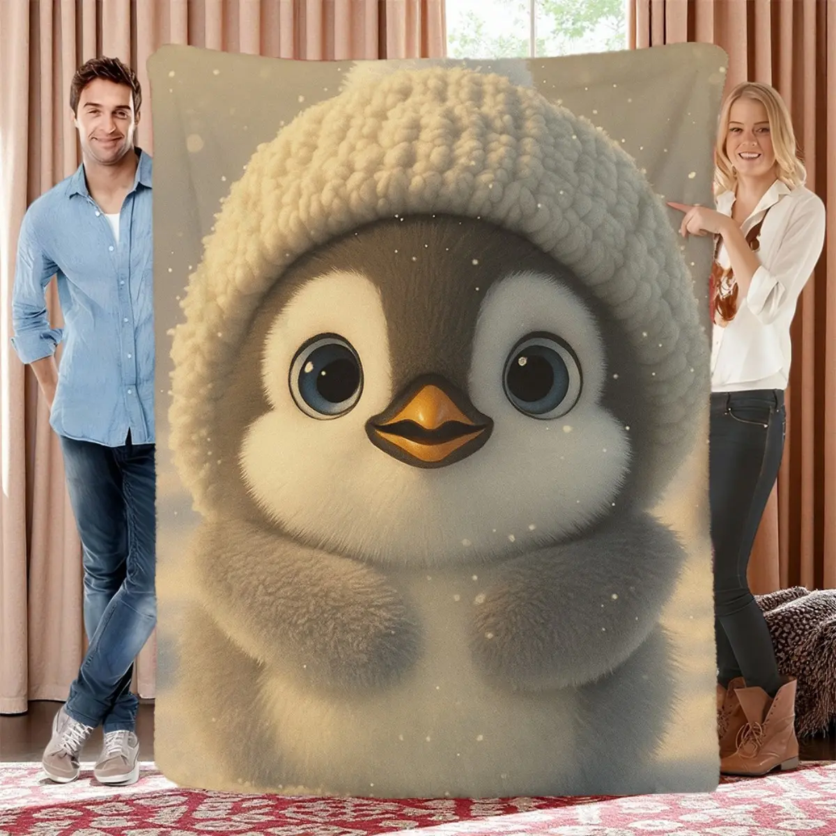 Adorable Penguin Plush Blanket | Fluffy Snowy Penguin & Cub Design, Soft Flannel, All-Season Bedspread, Wrinkle-Resistant & EasyCare, Cozy Winter Bedding Gift for Room or Bed Char Super Soft Blanket
