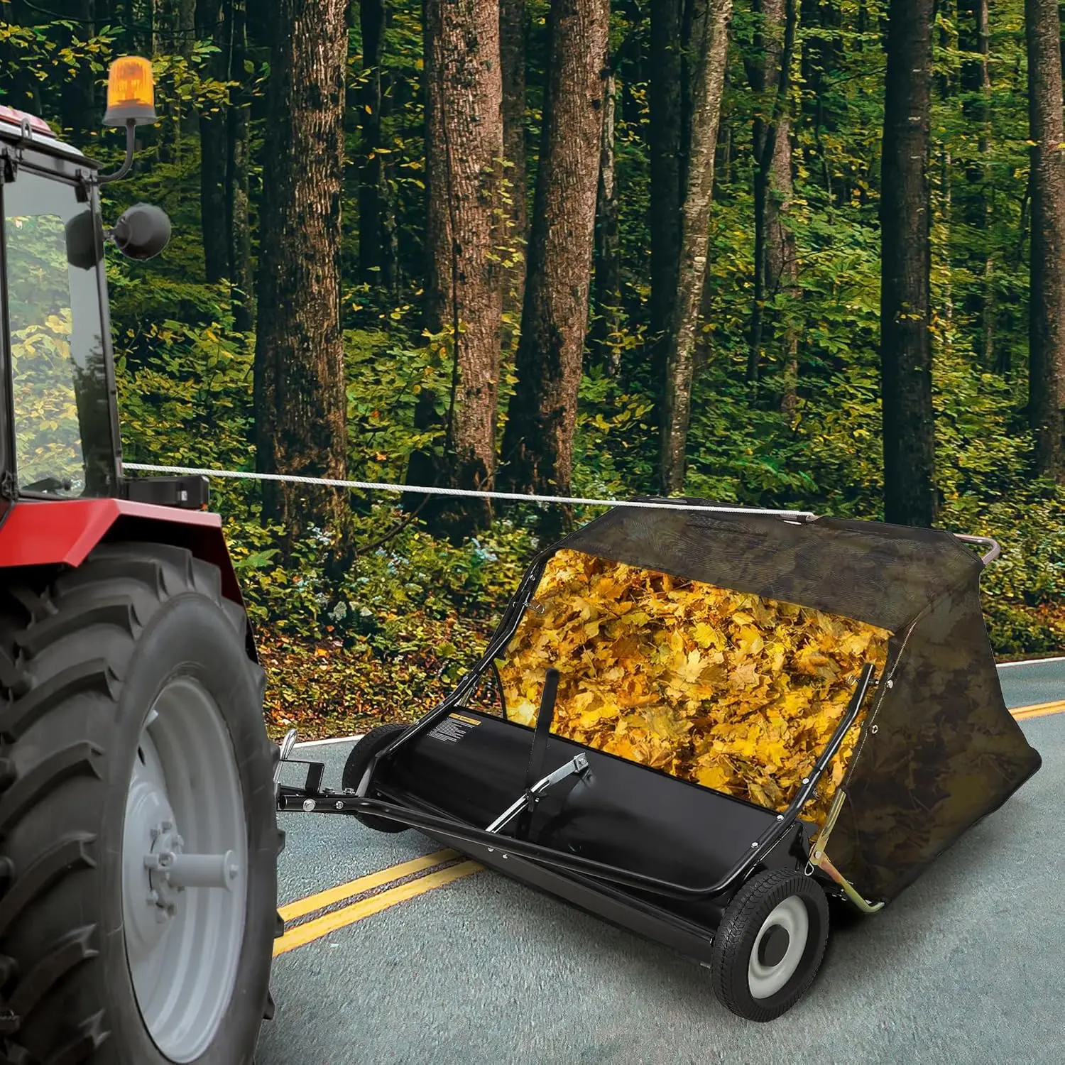 42-in Tow-Behind Lawn Sweeper for Lawn Tractor, 12-26 cu ft Hopper Bag, Hand Adjusted Sweeping Height, Dumping Rope, Any Terrain Debris Pickup for Driveways & Gardens, Large Cap.