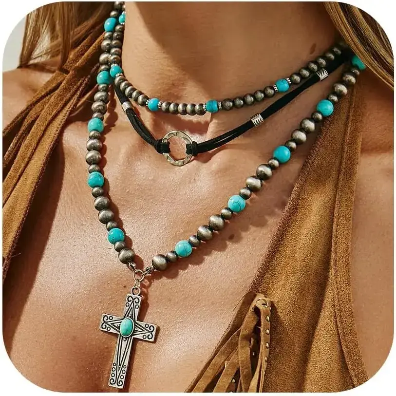 Western Turquoise Cross Layered Necklace, Boho Navajo Pearl Beaded Choker, Cowgirl Jewelry for Women