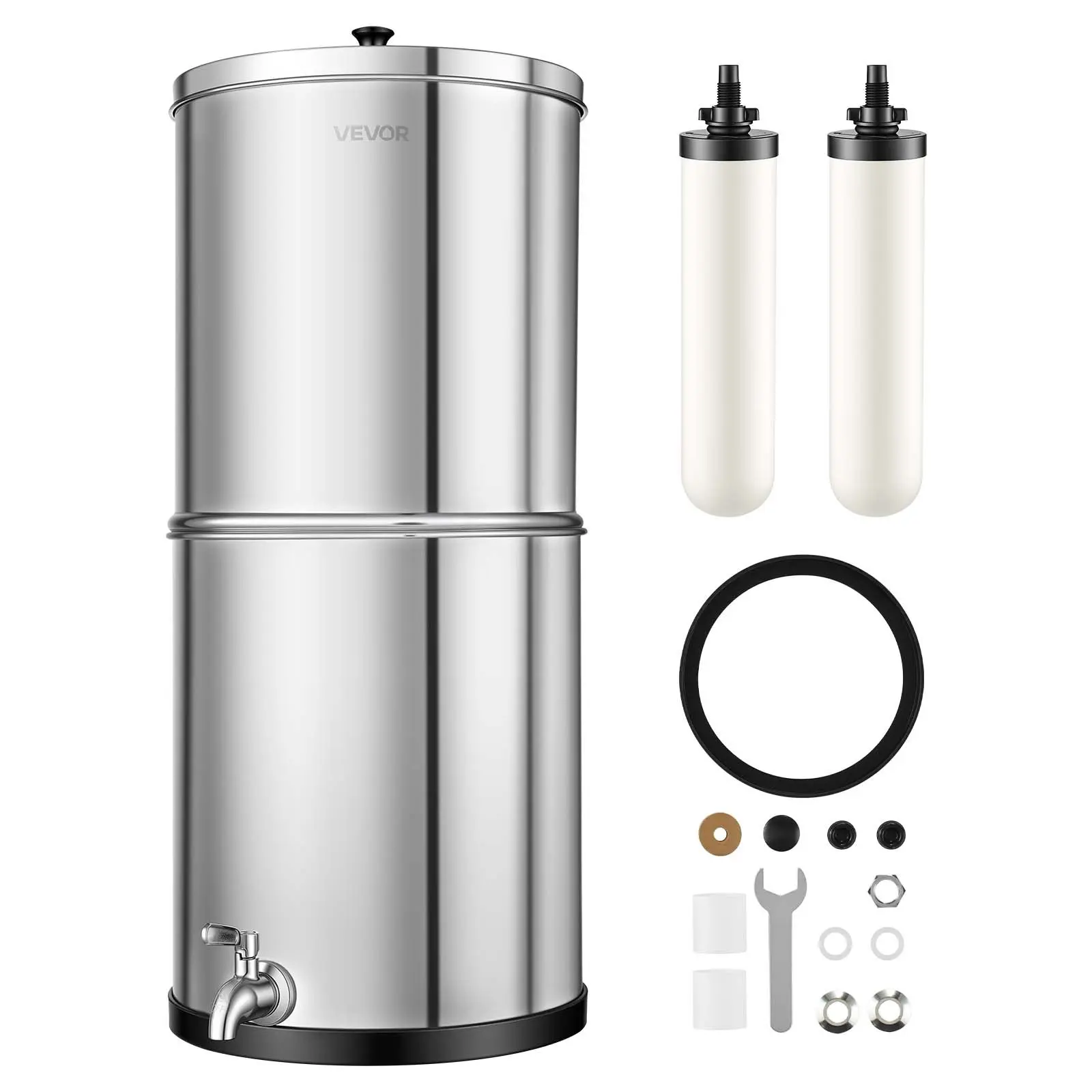 VEVOR Gravity-fed Water Filter System, 3G 304 Stainless-Steel Countertop Water Filtration System, Reduces Lead and up to 99% of Chlorine, with 2 Ceramic Carbon Filters, and Spigot, for Home Camping R