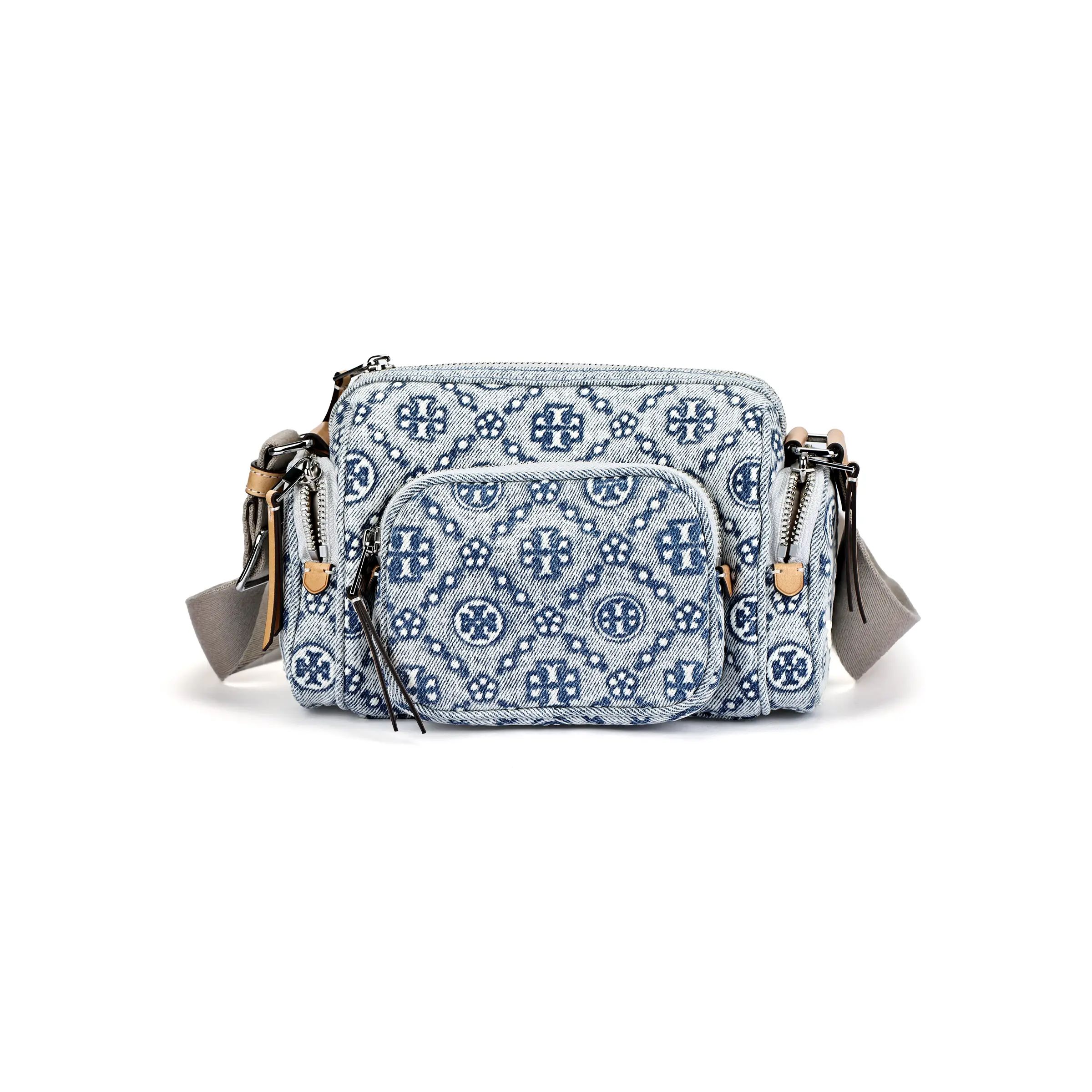 Tory Burch T Monogram Printed Cotton Crossbody Bag for Women, Adjustable Strap, Small Size, Blue