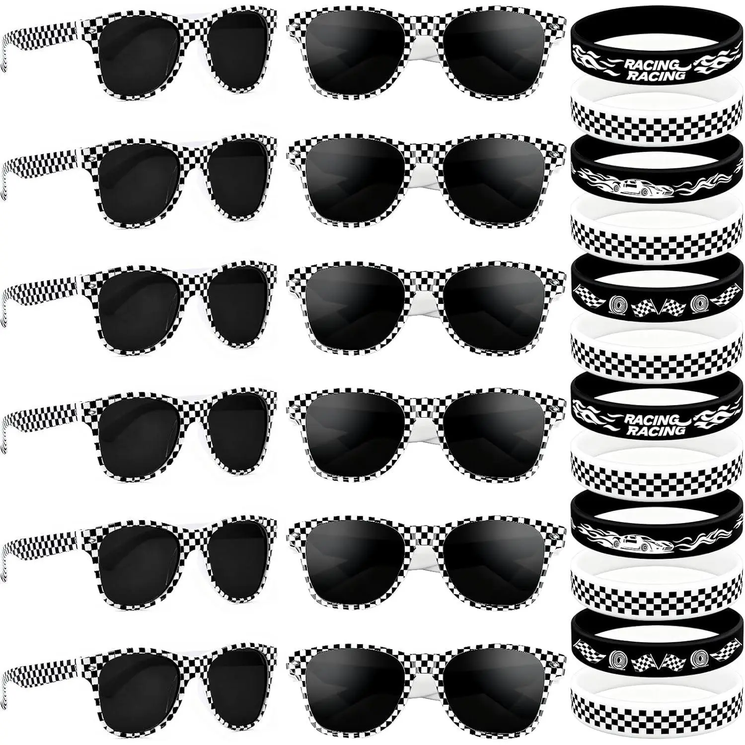 24-Pack Race  Party Favors - 12 Checkered UV Protection Sunglasses & 12 Rubber Bracelets, Racing Goodie Bag Stuffers for  Boys Girls Adults Party Decor & Daily Styling (Race  Theme)