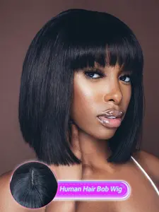 Summer Human Hair Bob Wig With Bangs, 10 Inch Short Straight Bob Wig, Glueless Wear & Go Style, Breathable Adjustable Cap, Secure Fit Natural Look For Women Daily Wear