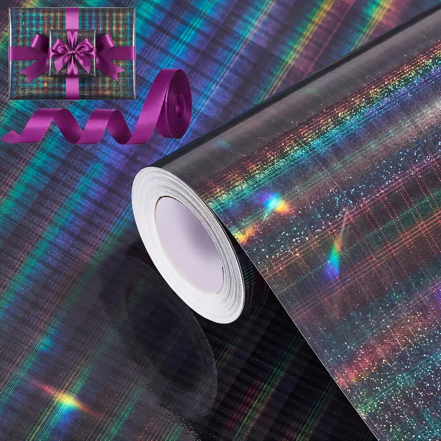 Black Holographic Striped Wrapping Paper Roll with Ribbon | Metallic Iridescent  Wrap Paper for Birthdays, Mother’s Day, Graduations, Weddings, Father’s Day, Teachers’ Day
