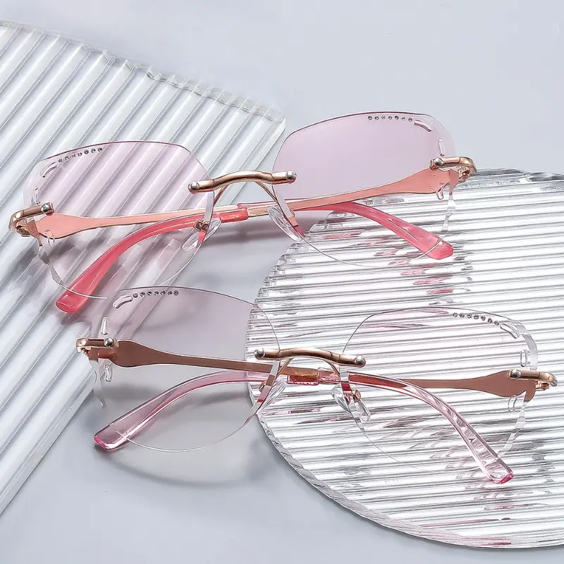 Pink Gold Rimless Reading Glasses, Fashionable Elegant Eyewear with Metal Frames, PC Lenses, and Irregular Frame Design