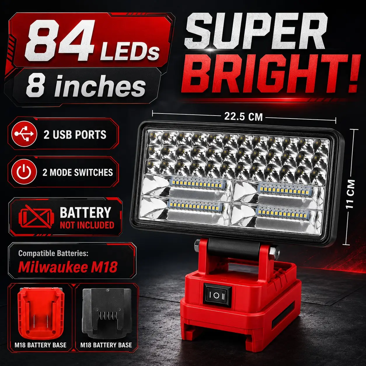 Wireless LED Work Light for Milwaukee 18v Battery, 20w 2000lm Wide Beam, Dual USB Charging Ports, Ideal for Emergency, Workshop, Garage