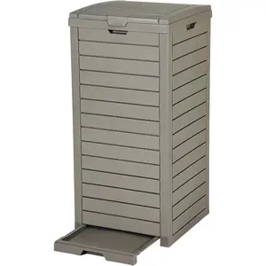 38 Gallon Large Outdoor Trash Can, Waterproof Resin Hideaway Garbage Bin with Lid and Drip Tray, Outside Trash Bin for Porch, Backyard, Deck, Patio, Poolside, Easy to Clean, Taupe