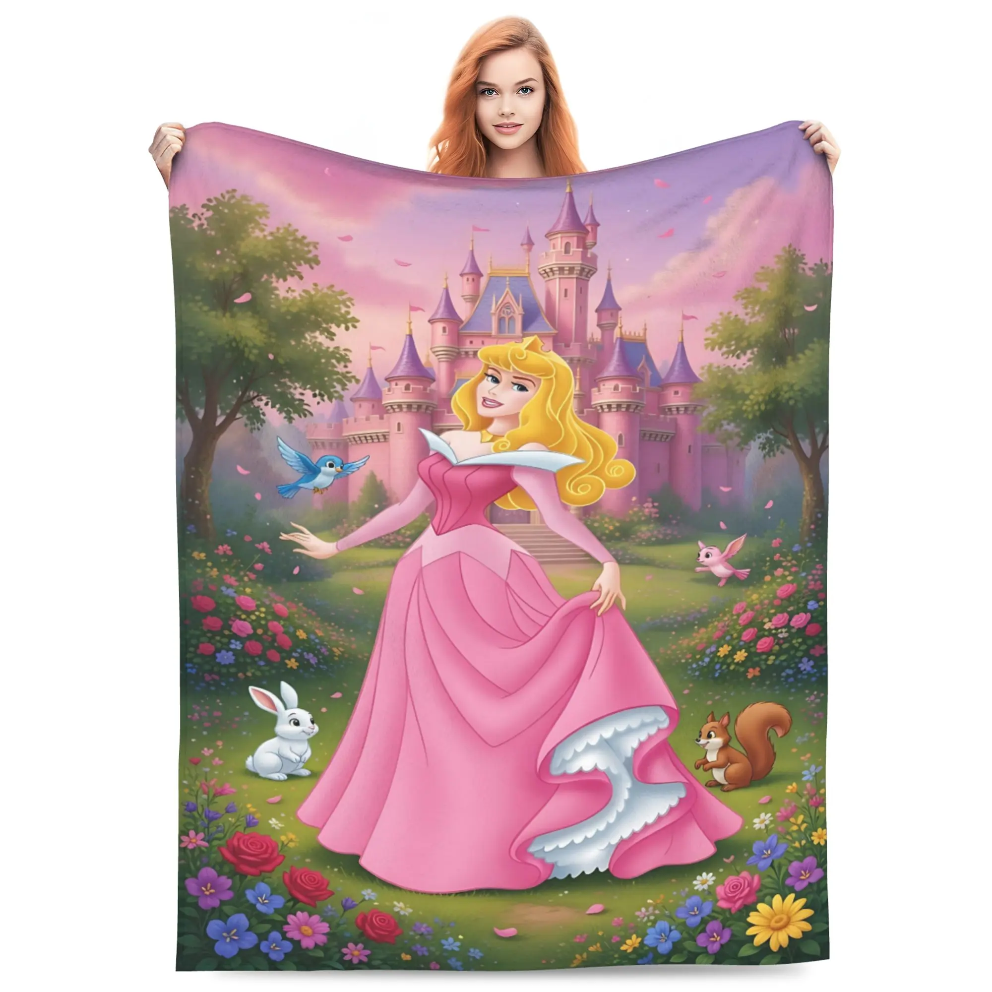 DISNEY CLASSIC Sleeping Beauty Aurora Princess Throw Blanket, Pink Castle Garden Wildflower Rabbit Bird Squirrel Cartoon Print Flannel Fleece Blanket, Soft Lightweight Cozy Blanket for Sofa Bed Bedroom, Princess Gift for Girls Kids Women