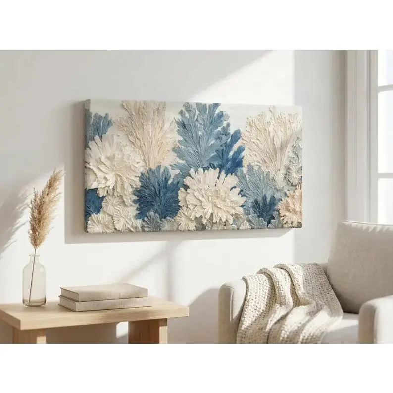 Sea Coral Canvas Wall Art Paintings - Blue Cream Textured Coastal Print, Large Minimalist Framed Artistic Retro Landscape Decor for Over Sofa, Nautical Room Gift for Home Decor Lovers, Thanksgiving, Polka Dot