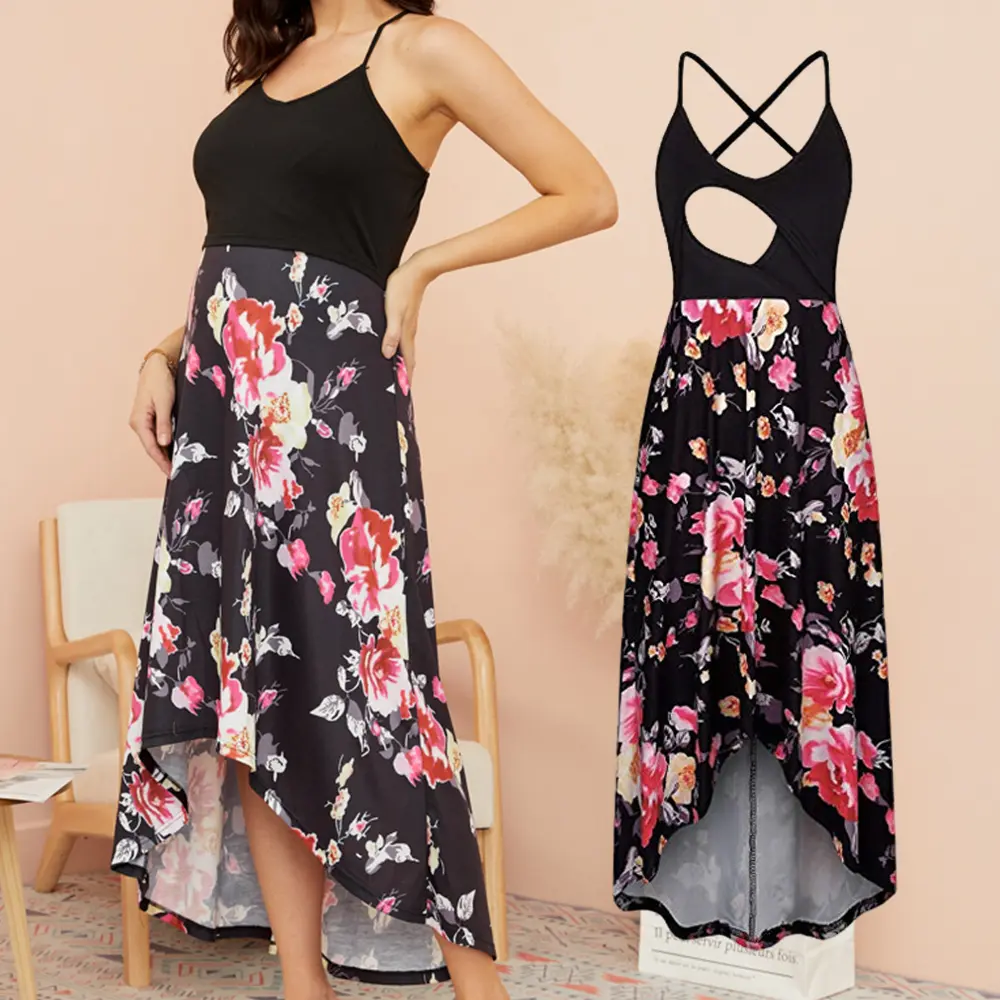 MUSBUY Spaghetti Strap Maternity Nursing Dress, Cross Back High Low Floral Breastfeeding Dress, Summer Casual Baby Shower Midi Gown S-2XL