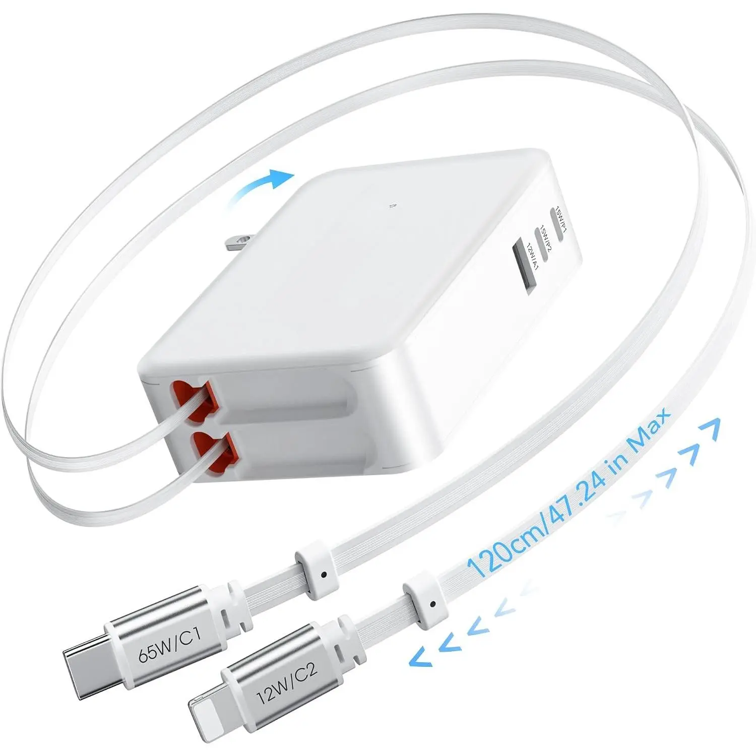 65W for MacBook Pro Charger,5-in-1 Retractable Wall Charger Plug for  | Retractable Wall Charger for ,PD USB C& &3 Ports,  Block for  Book,iPad,Galaxy,Pixel
