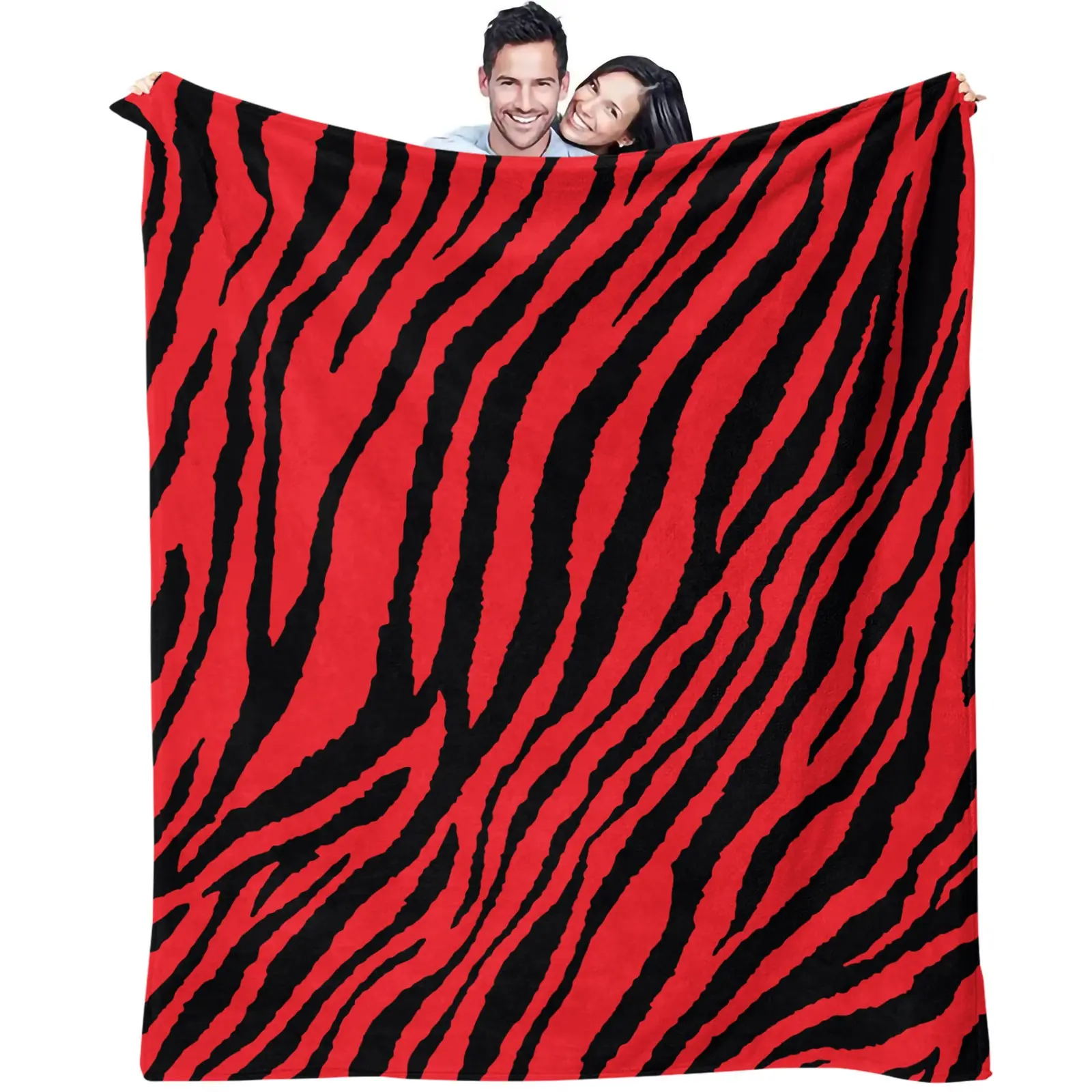 Red Black Contrast Zebra Flannel Blanket, high saturation contrasting animal stripe print, hypoallergenic pilling-free fabric, window nook throw for girl bedroom, portable warm thin blanket for camping picnic