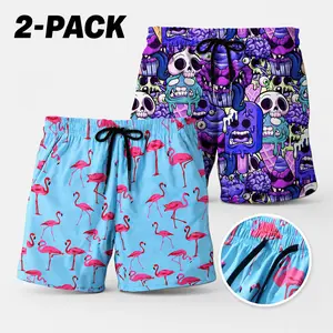 Trending 2‑PACK Men's Purple Monster & Blue Flamingo Print Shorts, Quick‑Dry Graphic Sportswear, Elastic Drawstring Waist with Pockets, Tropical Summer Streetwear Casual Outfit