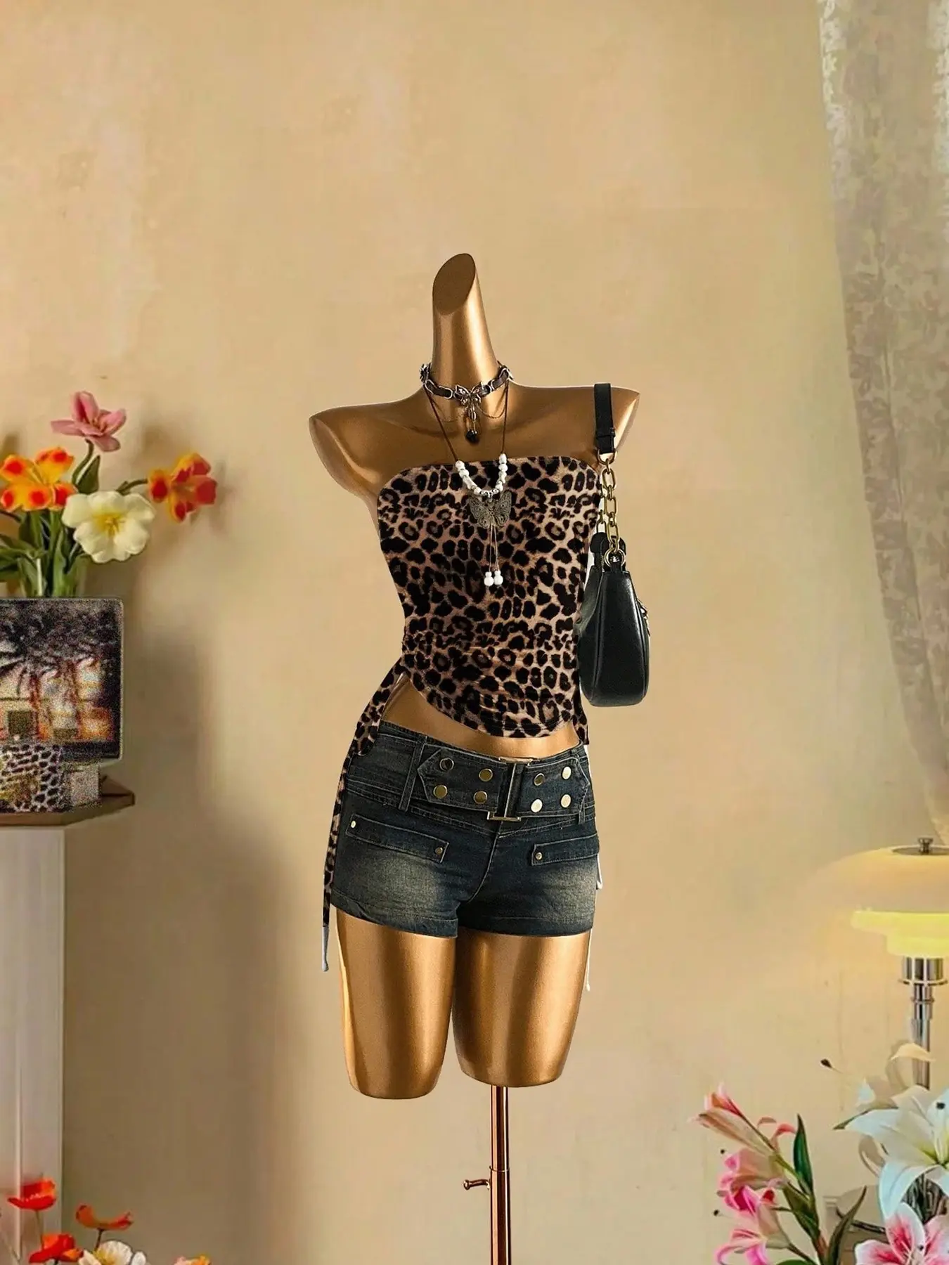Women's Leopard Print Strapless Crop Top, Side Ruched Tie Design, Stretchy Comfort, Y2K Street Style, Single Piece Fashion Top