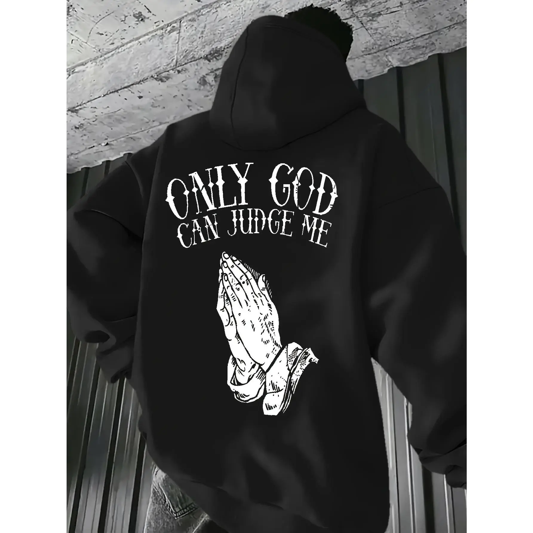 Men's Christian Faith Hooded Sweatshirt| Navy Blue Pullover with "Only God Can Judge Me" Prayer Hand Graphic, Suitable for All Seasons, Drawstring Hood, Long Sleeve, Casual Wear, High-Quality Men's Apparel