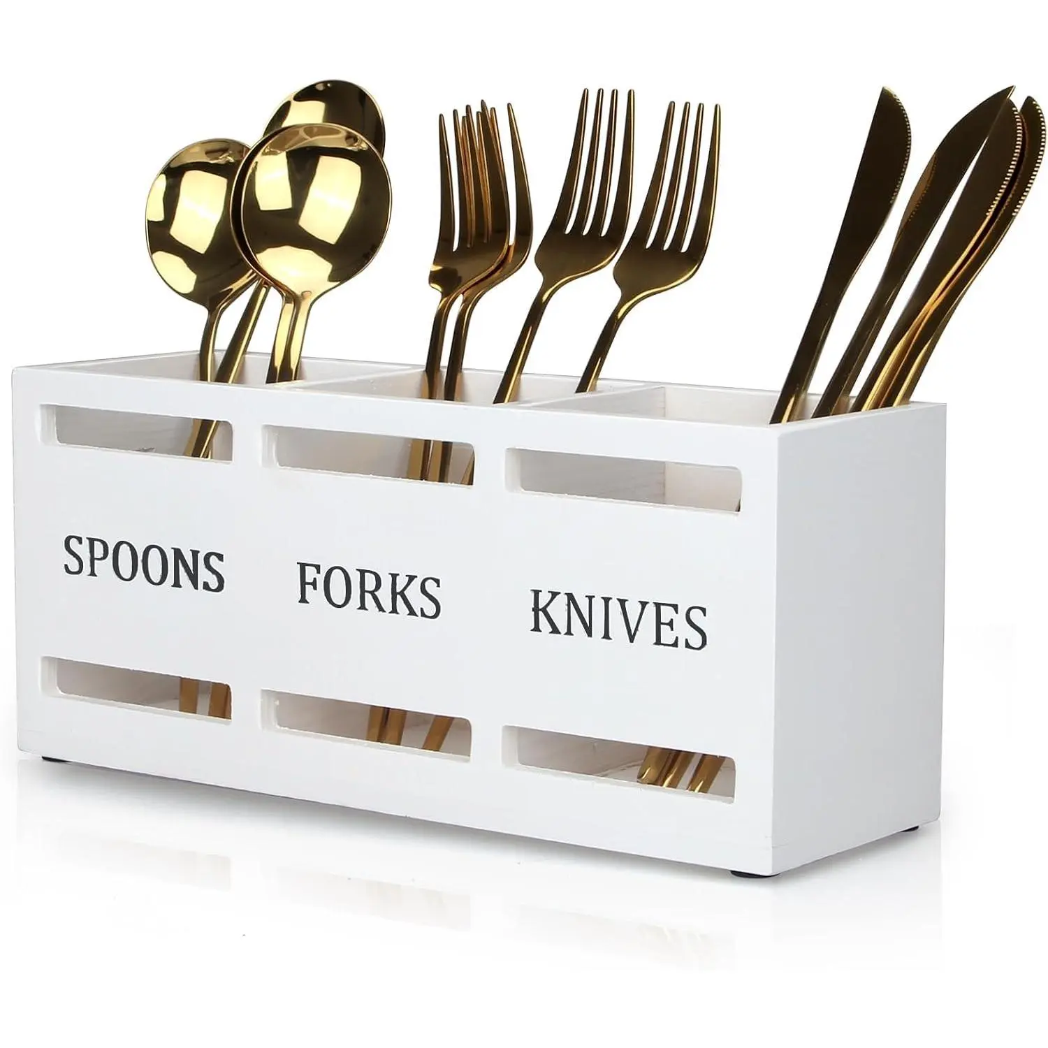 Wooden Cutlery Silverware Holder Flatware Utensil  Party Spoon Holder | Small White Kitchen Utensil Holder Counter Decor  Silverware Organizer for Table Countertop Outdoor Fork Cutlery