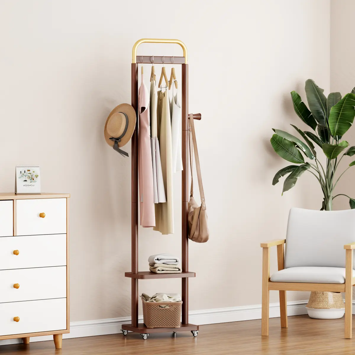 [Fahuac] Walnut Wood Coat Rack Freestanding, 71" Coat Tree Stand with Hooks, Solid Rubber Wood Entryway Coat Hanger for Bedroom, Living Room, Hallway, Foyer
