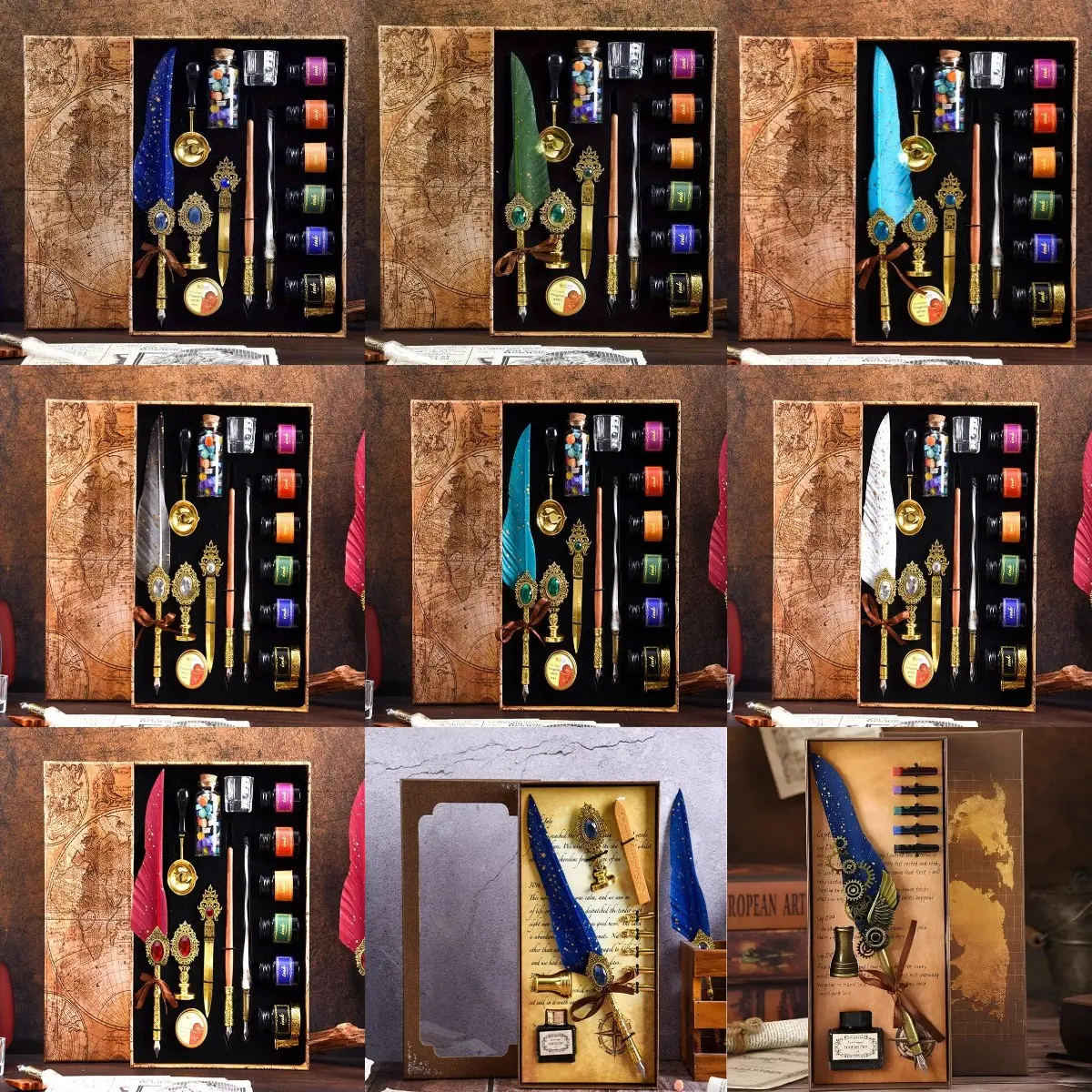 Vintage Feather Quill Pen Set, 1 Box Retro Calligraphy Painting Pen Set with Color Ink, Letter Opener and Wax Seal Set, Unique Pens, Birthday and Holiday Gift