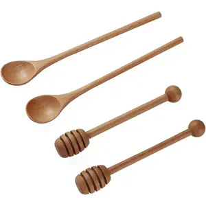 2pcs 6inch Honey Dipper Stick 2pcs 7.87inch Long Handle Beech Wooden Stirring Spoons for Honey Coffee Dessert Iced Tea Cocktail, Perfect for Home Kitchen Wedding Party Favors