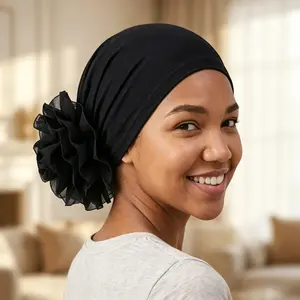 Muslim 2PCS Stretch Knit Inner Hijab Turban, Chiffon Flower Back Under Scarf Cap 