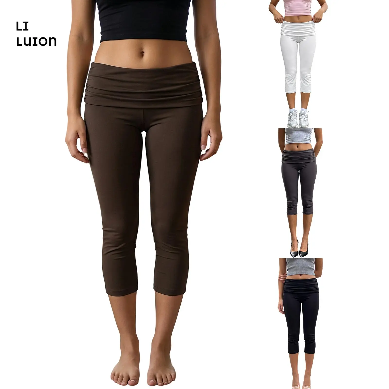 Women's Fold Over Capri Leggings Y2k Low Rise Flared Pants Stretch Lounge Yoga Athletic Cropped Pants Bottoms
