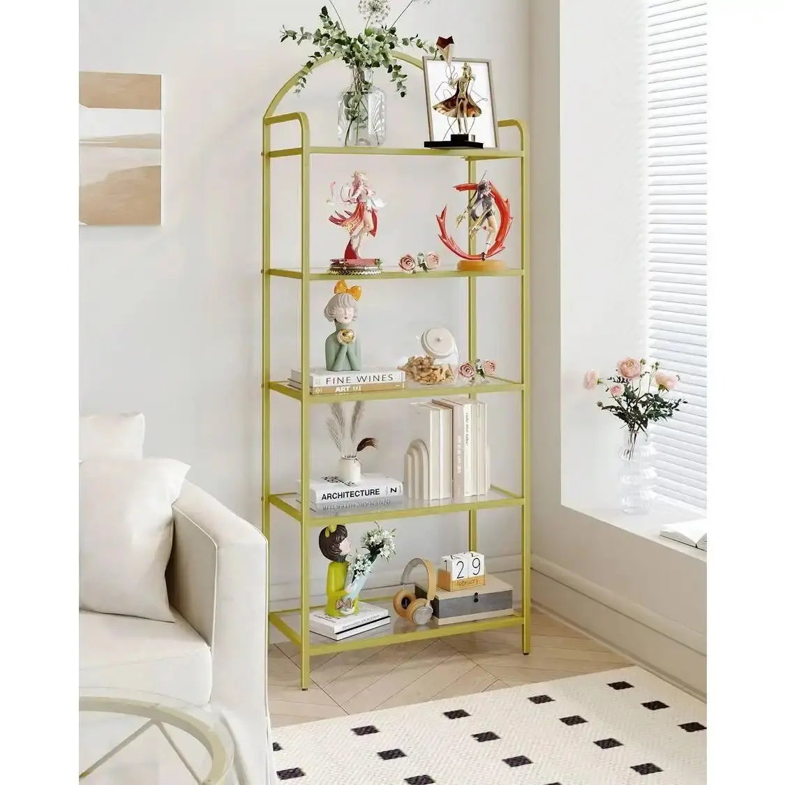 5-Tier Modern Gold Tempered Transparent Glass Wall Bookcase - Slim Sturdy Steel Frame Shelving Unit with Adjustable Legs, Assembly Required, 11.8"d x23.6"w x59.1"h, 27.1lb (Above 25kg), for Bedroom Home Office, Decorate Your Room