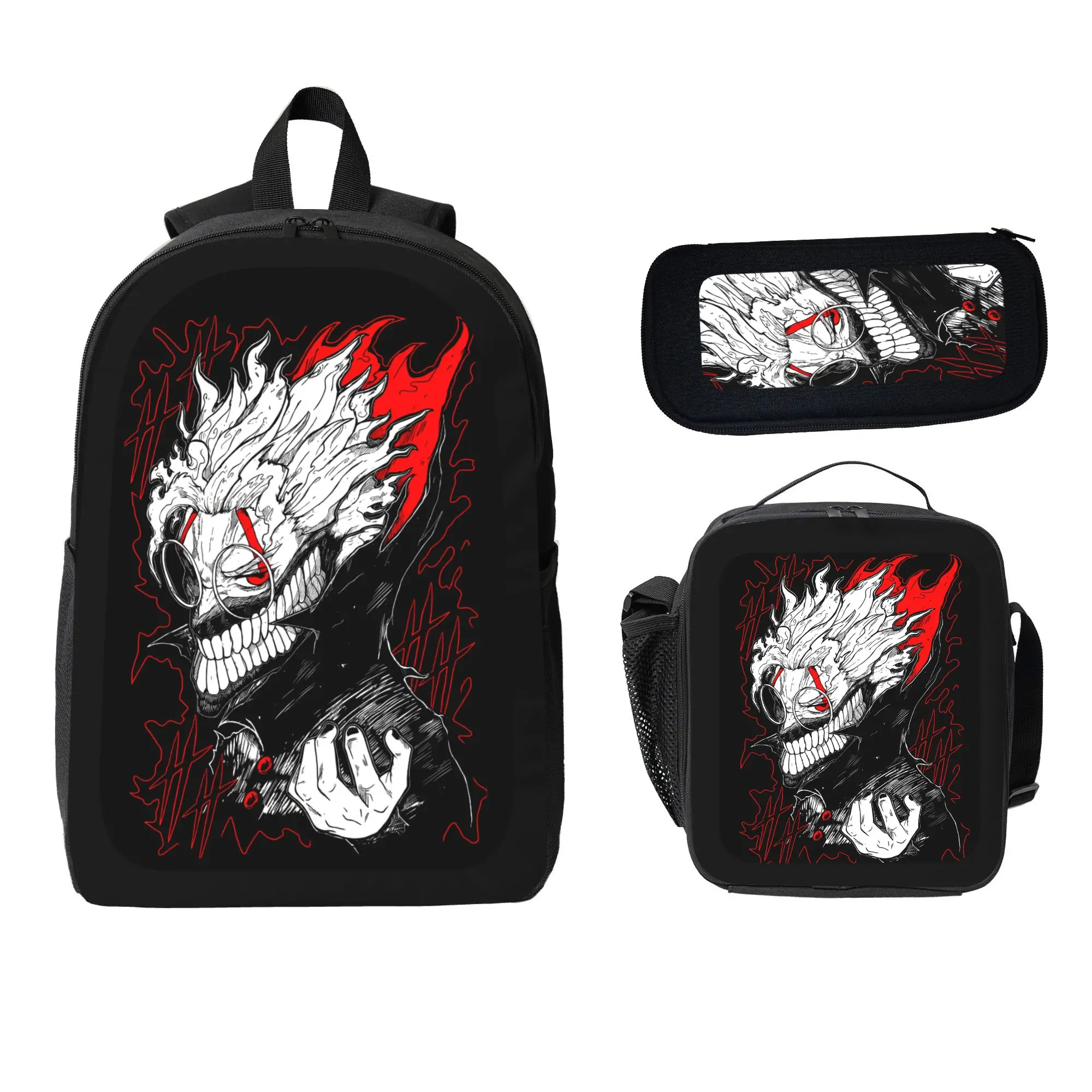 Men's 3-Piece Dandadan Okarun Backpack Set, Retro Death-Metal Typography, Halftone Print, Character Collage Graphic, Multi-Use Bags (Backpack, Lunch Bag, Pencil Pouch) – Ideal Back to School Gift for Anime Fans