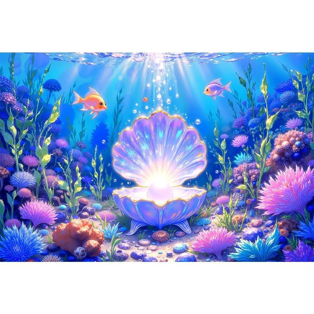 1pc Mermaid Backdrop Under The Sea Party Decorations, Underwater Ocean Scene with Giant Shell & Pearl, Coral Reef Fish Aquarium Background for Photography Kids Birthday Baby Shower
