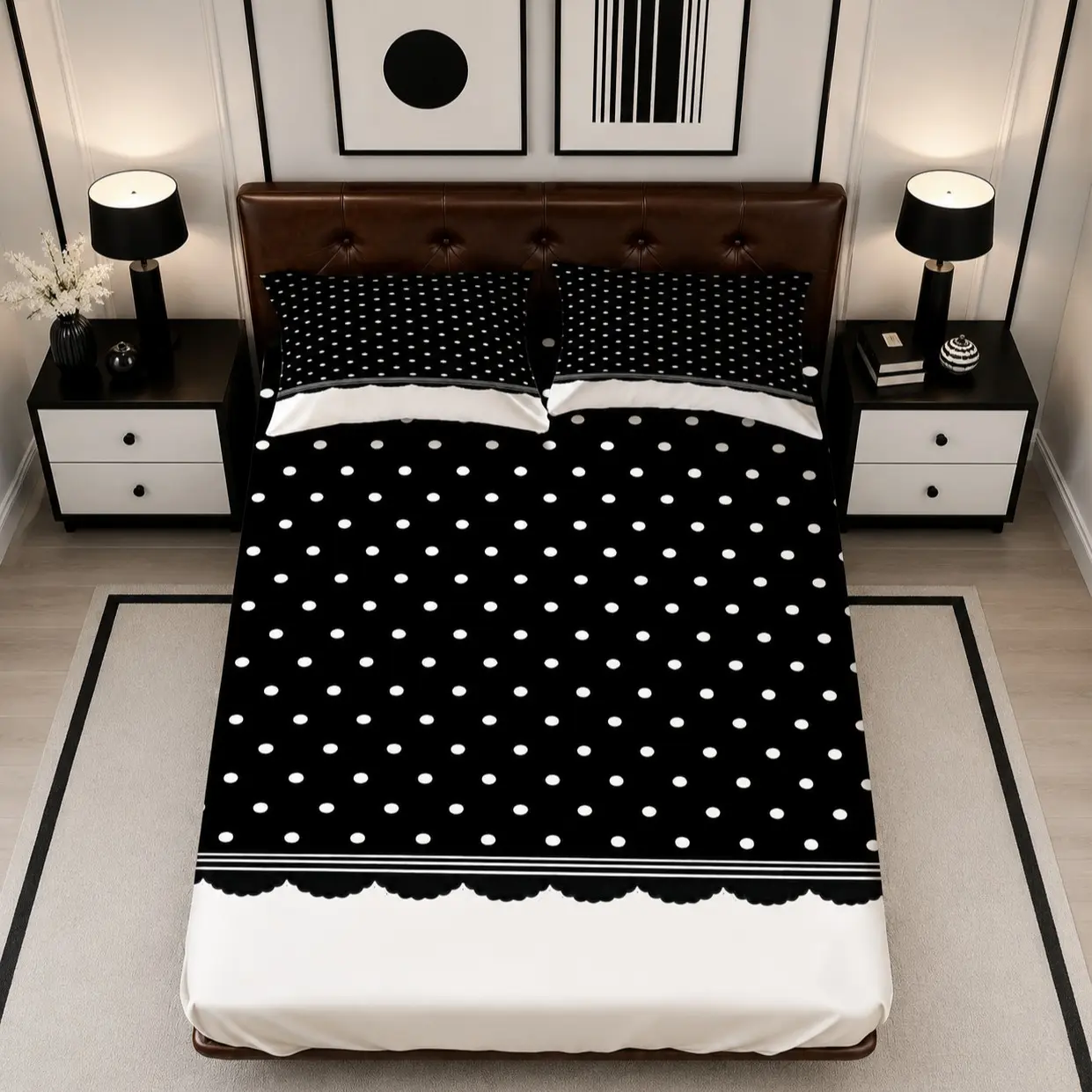 3‑Piece Fitted Sheet Set, Retro Sweet‑Cool Black‑Background White Polka Dot Fitted Sheet, Single‑Side Digital Print, 1 Fitted Sheet + 2 Pillowcases, No Inserts, Ideal for Bedroom, Dorm, Home Use & Gifting, All‑Season Use, Bedsheets Set