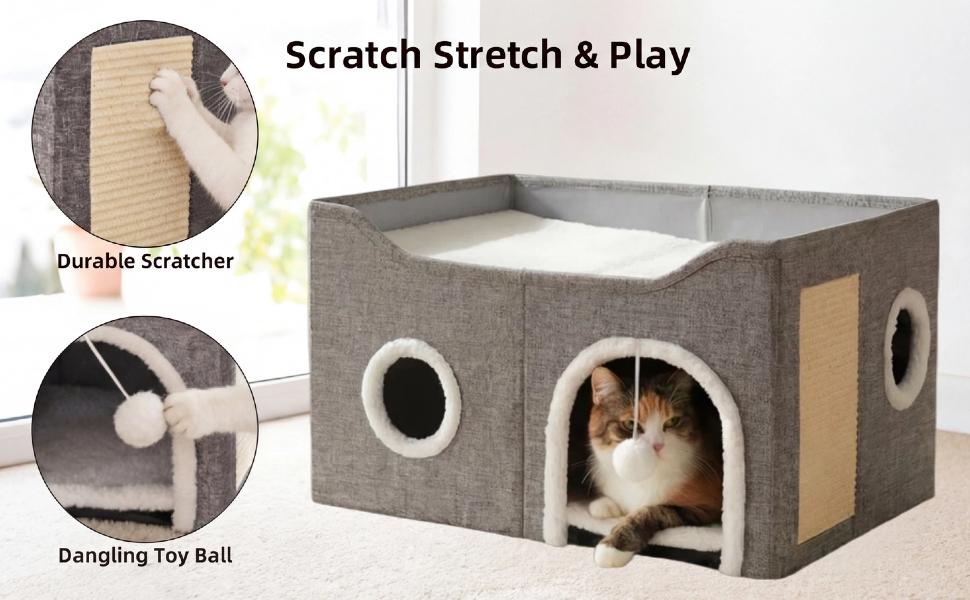 Cat Beds for Indoor Cats - Large Cat Cave for Pet Cat House with Fluffy Ball Hanging and Scratch Pad, Foldable Cat Hideaway, 23.8x15.9x13.2 inches, Grey