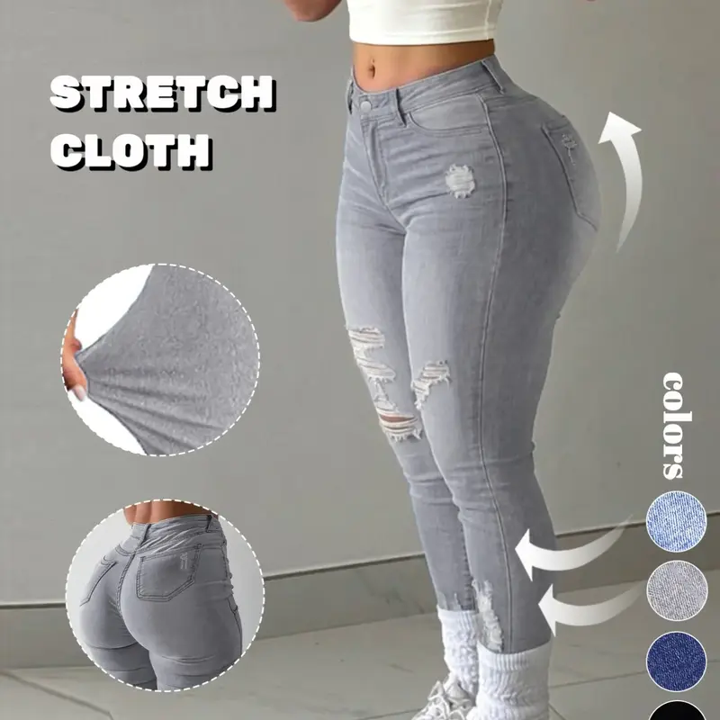 GILIPUR Women's Washed Mid-Low Waist Ripped Skinny Jeans, High-Stretch Butt-Lifting Ankle-Length Denim Pants with Frayed Hem, Multi-Color, Y2K Casual Streetwear for Daily & Club Wear, Fit #TChic
