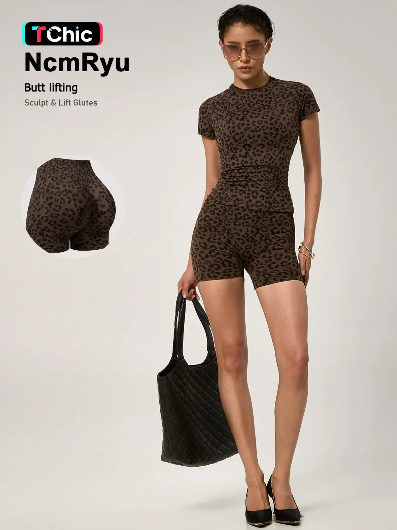 Women's Two-Piece Sportswear Set, High Elasticity Seamless Knit, Leopard Print, Round Neck, Short Sleeve, High Waist, Butt Lifting