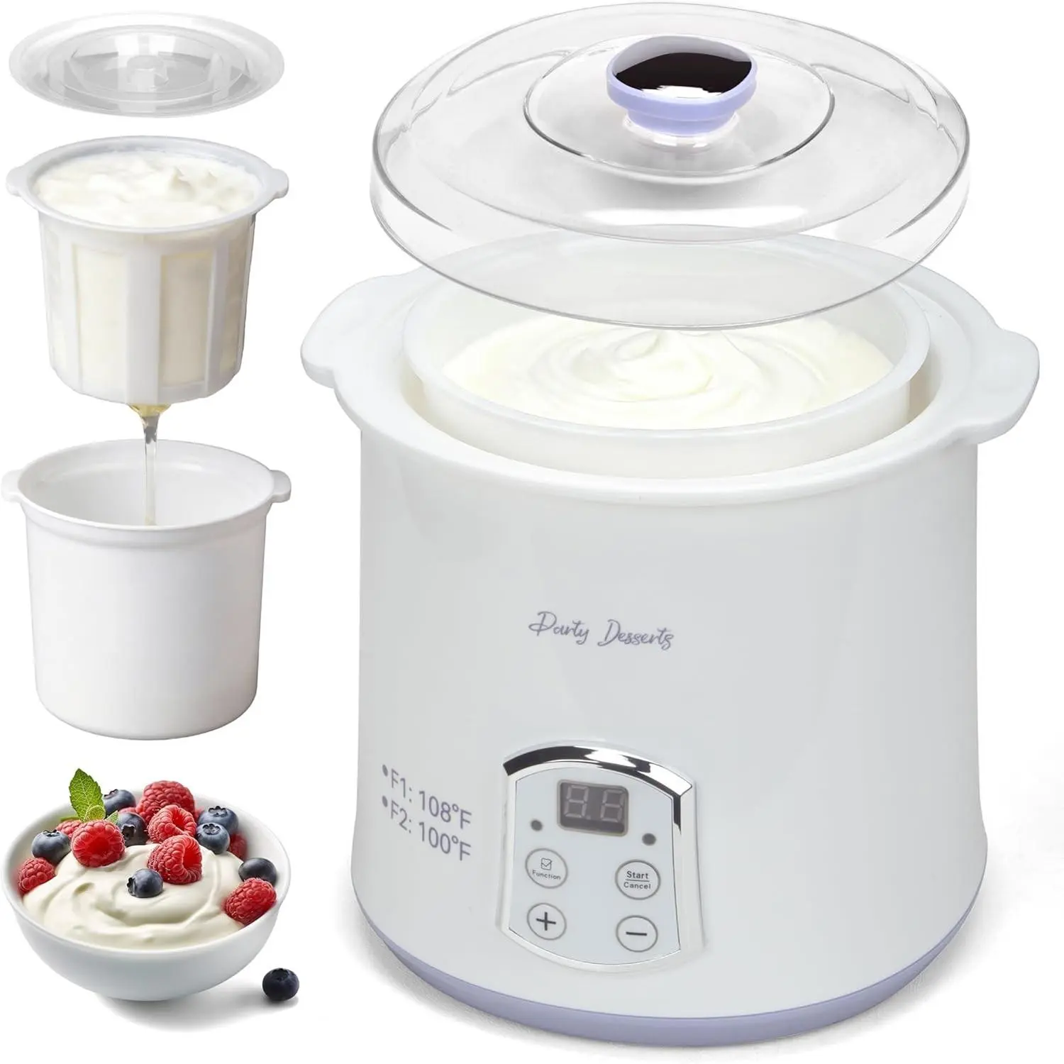 Party Dessert Electric Greek Yogurt Maker Machine with Strainer, Automatic Yogurt Maker for Home Organic Yogurt, Timer Control, BPA-free PP Lid, 2 x Inner Bucket (2 Quarts)