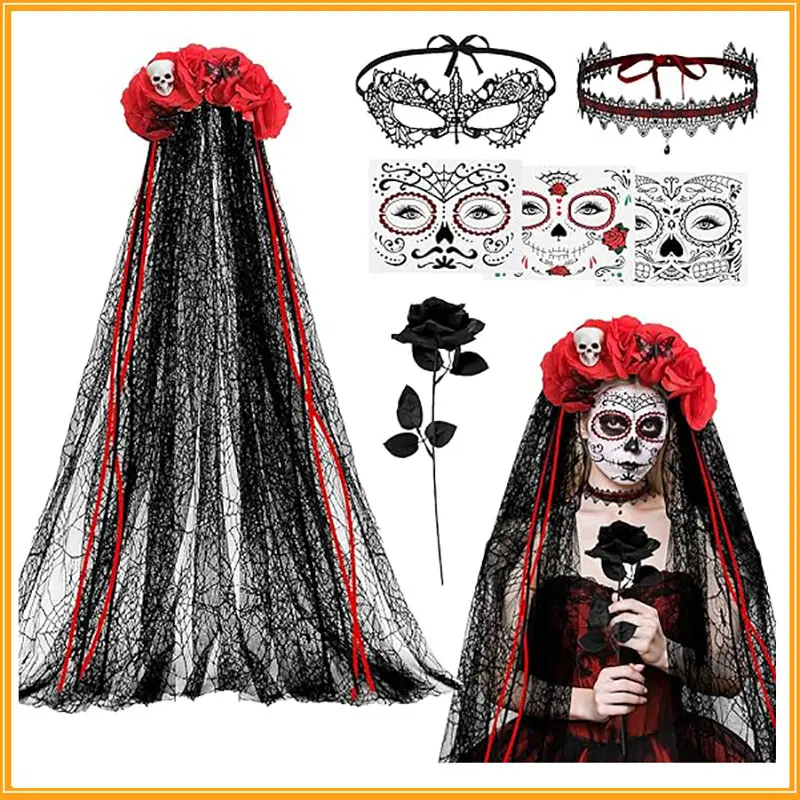 Day of the Dead Costumes for Women, Day of the Dead Headband Accessories, Veil, Tattoo, Black Rose, Necklace, Lace Eye Mask, Dia de Los Muertos Halloween Fancy Dress Costume Accessories